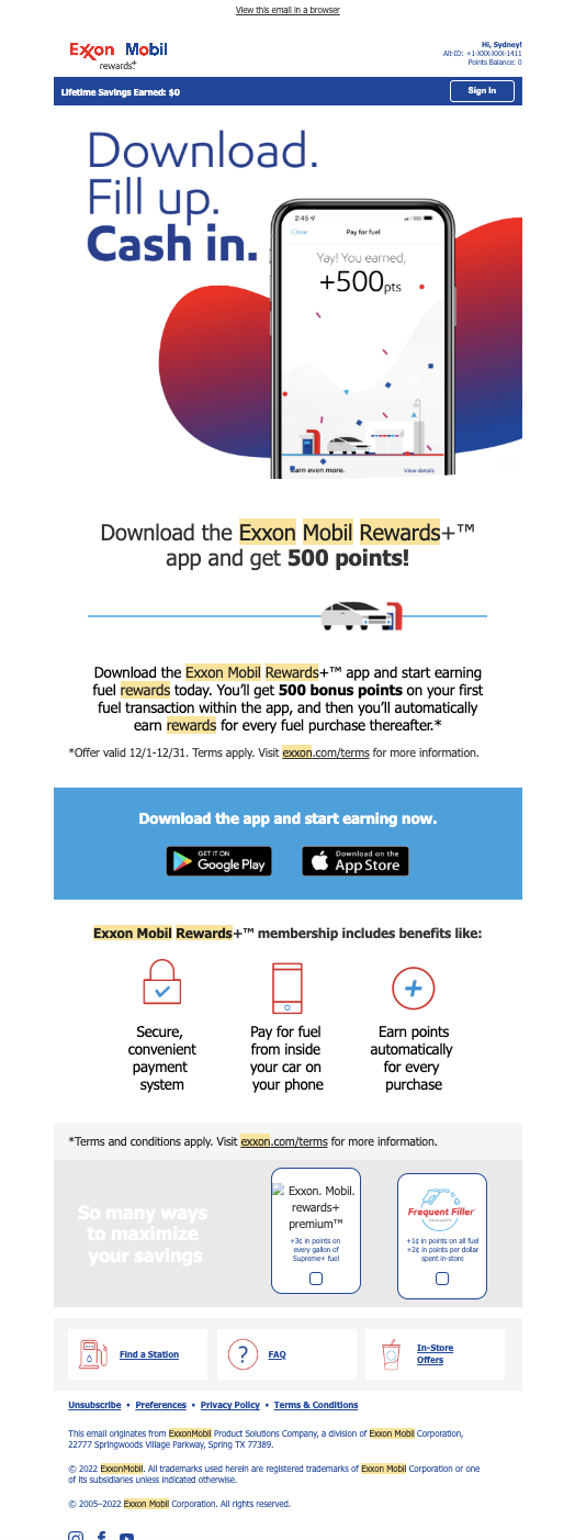 ExxonMobil Rewards+ CRM email: Download, fill up, cash in — 500 bonus points app download offer